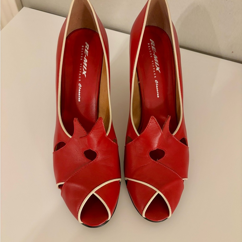 Re-Mix Delux Vintage Classics Size 10 Myrna Leather Red High Heels Peep Toe - Picture 3 of 7